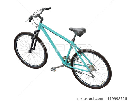 Blue teal bicycle, side top view. Black leather saddle and handles. Png clipart isolated on transparent background 119998726
