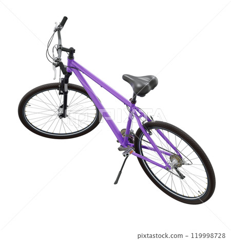 Purple bicycle standing while leaning on kickstand, front side view. Bike resting on kick stand isolated on white background, 3D illustration 119998728