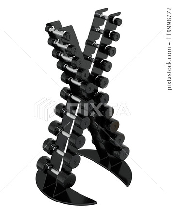 Gym Dumbbell rack, a stand for weightlifting gym equipment with different size and weight dumbbells, isolated on white background. 3D illustration 119998772