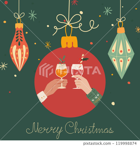 Christmas illustration with festive ornaments and hands toasting with drinks on a dark green background Christmas illustration with festive ornaments and hands toasting with drinks on a dark green background 119998874