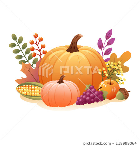 Autumn harvest vector illustration featuring pumpkins, corn, grapes, apple, acorn and fall leaves. 119999064