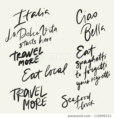 Vector hand-lettering short phrases about Italy and Dolce Vita. Hand-written vintage lettering isolated on beige background. Illustration for design, print, fabric or background. 119999132
