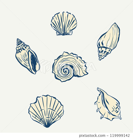 Vector seashell doodles. Hand-drawn oysters and shells isolated on beige background. Tasty food for design, print, fabric or background. Vector seashell doodles. Hand-drawn oysters and shells isolated on beige background. Tasty food for design, print, fabric or background. 119999142