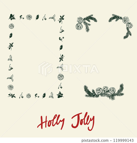 Vector Christmas frames of handwritten snowflake, short-phrase, berries and leaves. Hand-drawn vintage invitations isolated on beige background. Illustration for design, print, fabric or background. 119999143