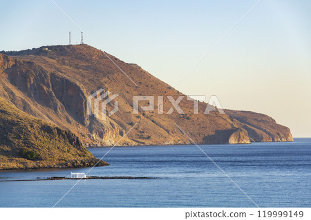 Saint Nicholas chapel of Georgioupoli, Crete island, Greece, dawn on a sunny summer day Saint Nicholas chapel of Georgioupoli, Crete island, Greece, dawn on a sunny summer day 119999149
