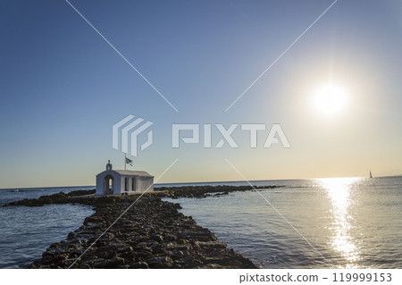 Saint Nicholas chapel of Georgioupoli, Crete island, Greece, dawn on a sunny summer day 119999153