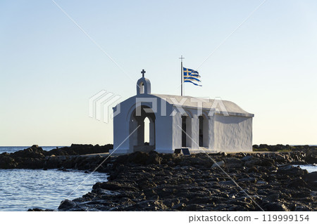 Saint Nicholas chapel of Georgioupoli, Crete island, Greece, dawn on a sunny summer day Saint Nicholas chapel of Georgioupoli, Crete island, Greece, dawn on a sunny summer day 119999154