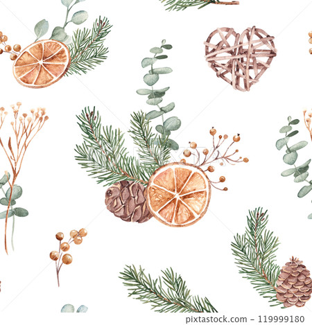 Christmas Seamless Pattern with Winter Plants, Dried Orange slices and Christmas Toy, Wicker Heart made of rattan. Hand drawn Watercolor Illustration of forest Pine branches and cones and Eucalyptus 119999180