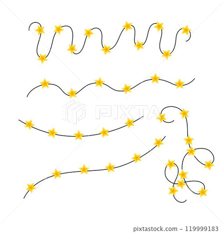 Bright yellow star lights garlands set on a curly string, drawn in a doodle vector style. Ideal for Christmas, New Year, or birthday event designs in flat, colorful, and festive style 119999183