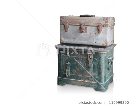 antique old brown and silver zinc chest on green steel chest on white background, object, decor, fashion, ancient, copy space antique old brown and silver zinc chest on green steel chest on white background, object, decor, fashion, ancient, copy space 119999200