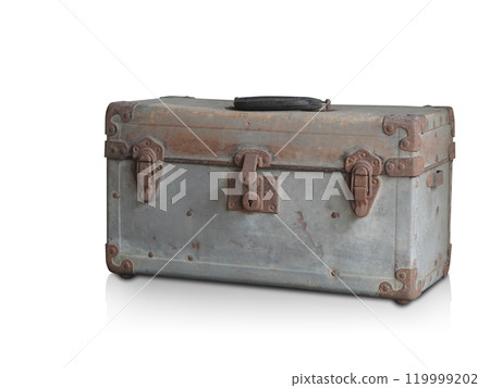 antique old brown and silver zinc chest on white background, object, decor, fashion, ancient, copy space 119999202