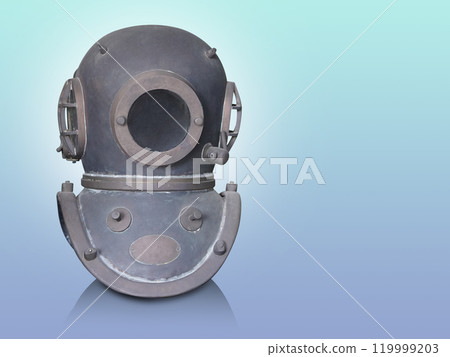 antique steel and copper and mirror diving helmet on gradient green and blue background, object, decor, fashion, safety, copy space 119999203