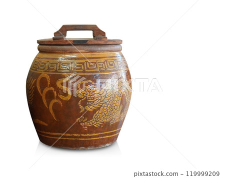 front view old small wooden lid on brown and yellow pot on white background, object, vintage, retro, decor, copy space 119999209