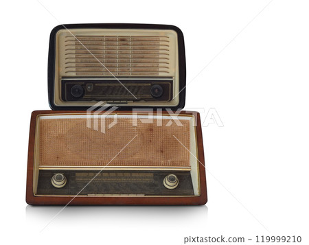 front view small antique wooden chocolate and cream radio on antique brown radio on white background, object, decor, fashion, copy space 119999210