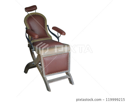 old wooden and brown leather. barber chair on white background, object, decor, ancient, antique, fashion, copy space 119999215
