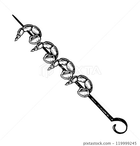 Shrimp kebab on a skewer. Vector graphics depicting Asian cuisine. A black and white hand-drawn illustration of seafood. For menus, posters, labels. For cooking recipes, restaurants. 119999245