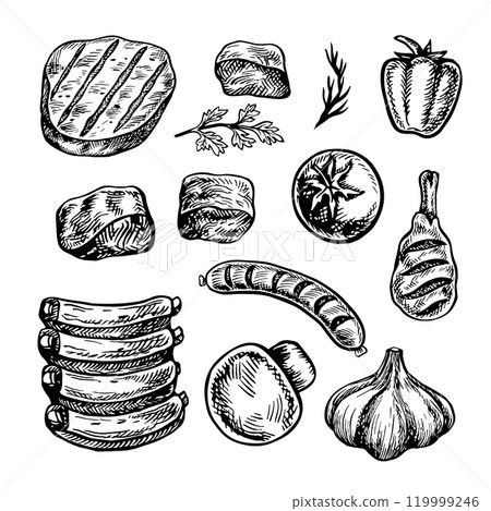 A set of meat and vegetables for barbecue and picnic. Vector graphics with images of fried meat and vegetables of various types. Black and white hand-drawn illustration. On a white background. 119999246