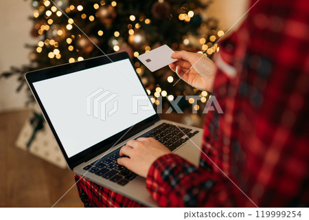 Online holiday shopping with a laptop and credit card, cozy Christmas tree lights in the background, festive ambiance. 119999254