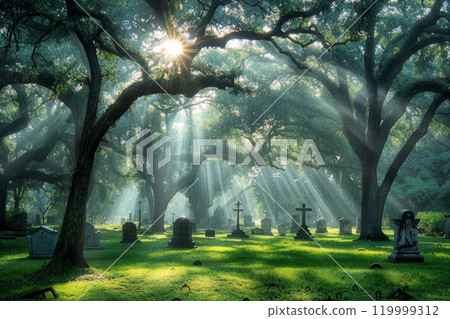 Serene cemetery landscape with sunlight filtering through trees 119999312