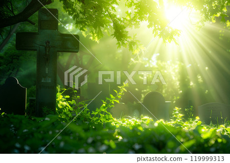 Serene cemetery scene with sun rays illuminating gravestones and lush foliage Serene cemetery scene with sun rays illuminating gravestones and lush foliage 119999313
