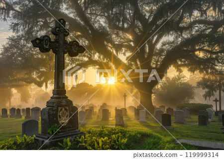 Beautiful sunrise over historic cemetery with large cross 119999314