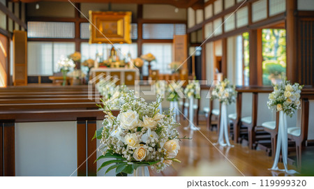 Elegant japanese style venue for wedding or funeral with sophisticated decor 119999320