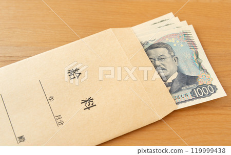 Pay envelope and banknotes Wages Pay envelope and banknotes Wages 119999438