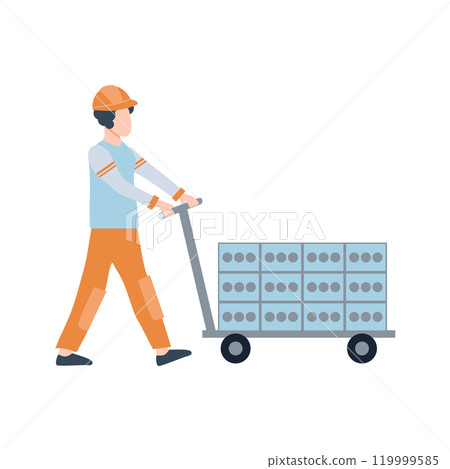 Fish industry in flat design. Workman carrying canned tuna boxes by cart. Vector illustration isolated. Fish industry in flat design. Workman carrying canned tuna boxes by cart. Vector illustration isolated. 119999585