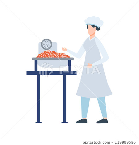 Fish industry in flat design. Operator cooking salmon mince at factory machine. Vector illustration isolated. 119999586