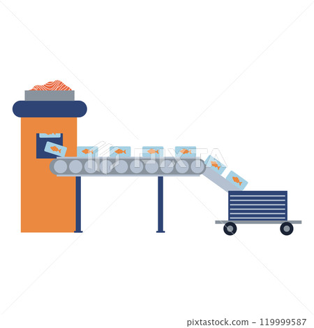 Fish industry in flat design. Canned tuna at conveyor line machine. Vector illustration isolated. 119999587