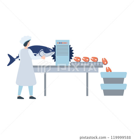Fish industry in flat design. Operator cutting salmon at slices at factory. Vector illustration isolated. Fish industry in flat design. Operator cutting salmon at slices at factory. Vector illustration isolated. 119999588