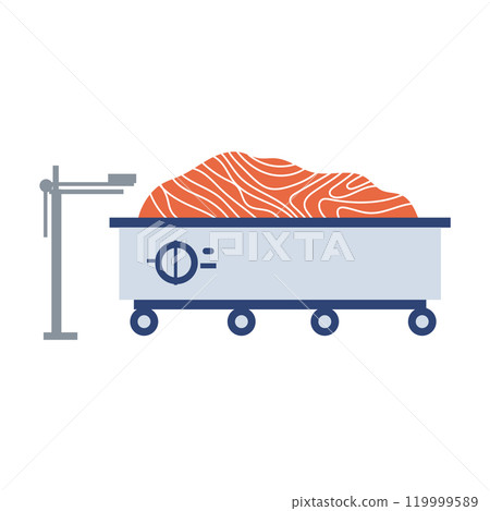 Fish industry in flat design. Salmon meat processing at factory machinery. Vector illustration isolated. Fish industry in flat design. Salmon meat processing at factory machinery. Vector illustration isolated. 119999589