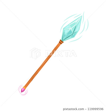 Magician staff in flat design. Magic stick with blue mystery energy crystal. Vector illustration isolated. Magician staff in flat design. Magic stick with blue mystery energy crystal. Vector illustration isolated. 119999596
