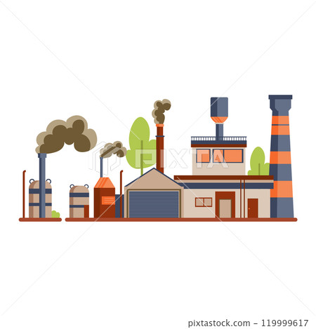 Factory with pollution gas in flat design. Environmental smog contamination. Vector illustration isolated. 119999617