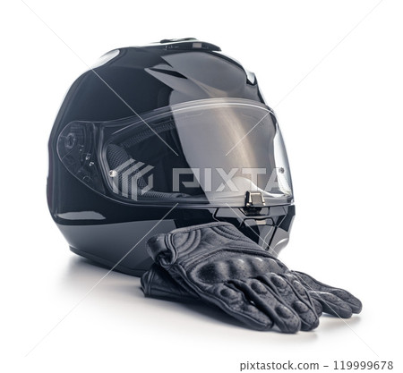 Black motorcycle helmet and leather gloves isolated on white background. 119999678