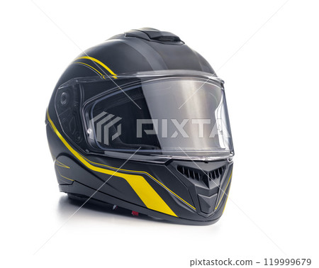 Black motorcycle helmet isolated on white background. 119999679