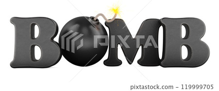 Bomb text with black round bomb. 3D rendering Bomb text with black round bomb. 3D rendering 119999705