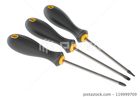 Flat head, square and torx screwdrivers. 3D rendering Flat head, square and torx screwdrivers. 3D rendering 119999709