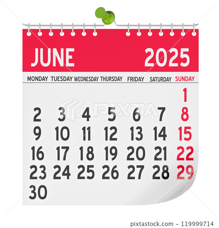 June 2025 Monthly Wall Calendar, 3D rendering 119999714
