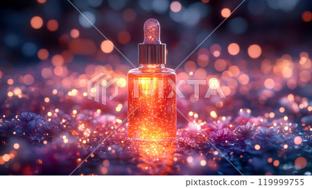 Luxurious skincare serum bottle illuminated with sparkling bokeh effects 119999755