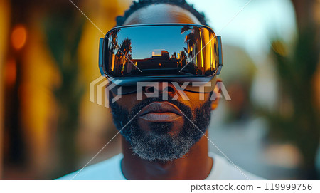 Close-up of a black man wearing a futuristic VR headset, reflecting urban landscape 119999756