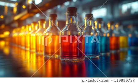 A row of vibrant laboratory flasks filled with colorful liquids, arranged in a gradient A row of vibrant laboratory flasks filled with colorful liquids, arranged in a gradient 119999757