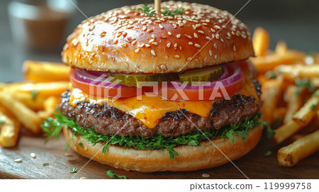 Close-up of a juicy cheeseburger with lettuce, tomato, and fries on the side. Classic fast-food meal concept Close-up of a juicy cheeseburger with lettuce, tomato, and fries on the side. Classic fast-food meal concept 119999758