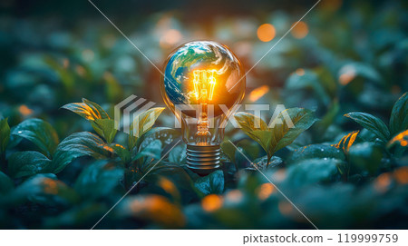 A glowing light bulb featuring a globe inside, placed among green leaves, representing eco-friendly innovation and sustainability A glowing light bulb featuring a globe inside, placed among green leaves, representing eco-friendly innovation and sustainability 119999759