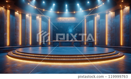 A spacious, futuristic TV studio with a grand stage, ambient lighting, and a large digital screen 119999763