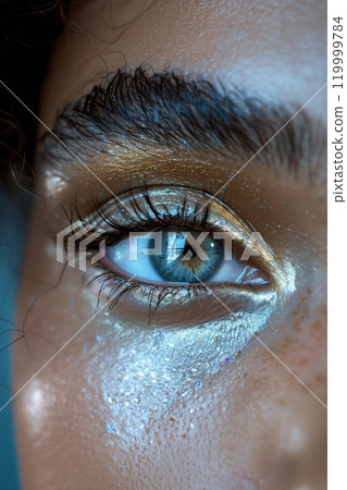 closeup shot of woman eye iris and creative silver makeup with dye and paint, macro of cosmetics makeup, beauty and fashion 119999784