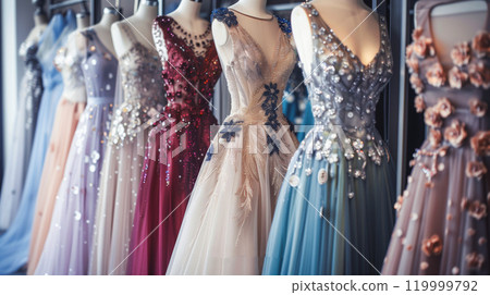 colorful collection of female dresses on hangers in retail shop, elegant woman clothes in store, variety and big assortment 119999792