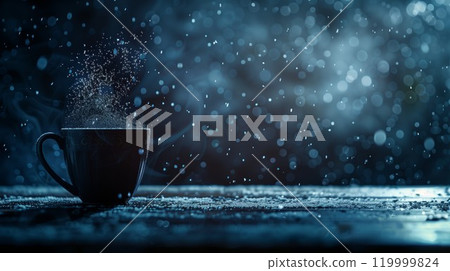 backlighted cup of hot steaming coffee drink or tea on night snowy background, mug with warm beverage in snow winter weather backlighted cup of hot steaming coffee drink or tea on night snowy background, mug with warm beverage in snow winter weather 119999824