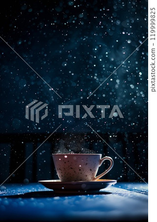 backlighted cup of hot steaming coffee drink or tea on night snowy background, mug with warm beverage in snow winter weather 119999825