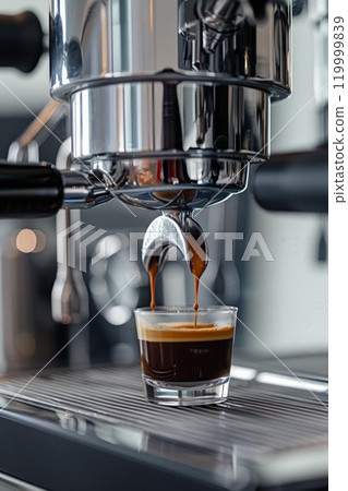 process of espresso coffee preparing with coffee machine, closeup of cup and portafilter 119999839